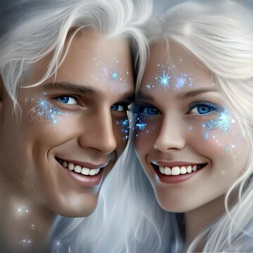Pleiadians: young man and woman with hypnotic blue eyes and snow-white hair &mdash; portrait of advanced race from Pleiades system.