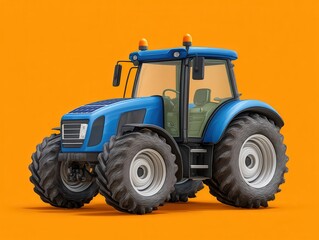 Obraz premium Modern agricultural tractor with solar panels designed for sustainability and efficiency showcasing bright blue exterior and rugged tires against a vibrant orange backdrop enhancing visual appeal