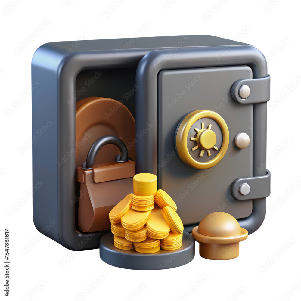 Poster 3d rendering plasticstyle icon depicting a safe with gold coins bag and additional protective dome i