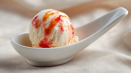 Vanilla scoop with coral fruit drizzle, styled on neutral tablecloth and white ceramic spoon