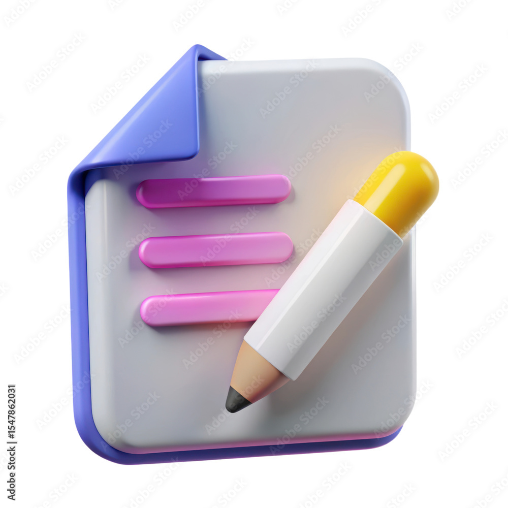Poster 3d rendering plasticstyle icon notepad list with lines and pencil isolated on transparent background