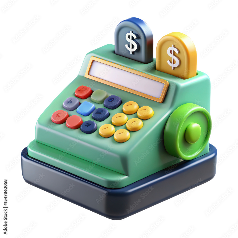 Poster 3d rendering plasticstyle icon of a colorful cash register machine isolated on transparent backgroun