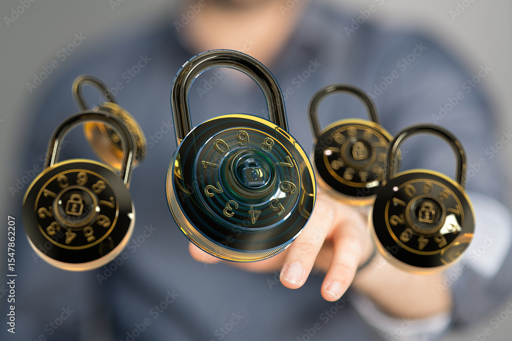 Poster Secure your digital assets.  Multiple locks represent strong data protection and encryption strategies.