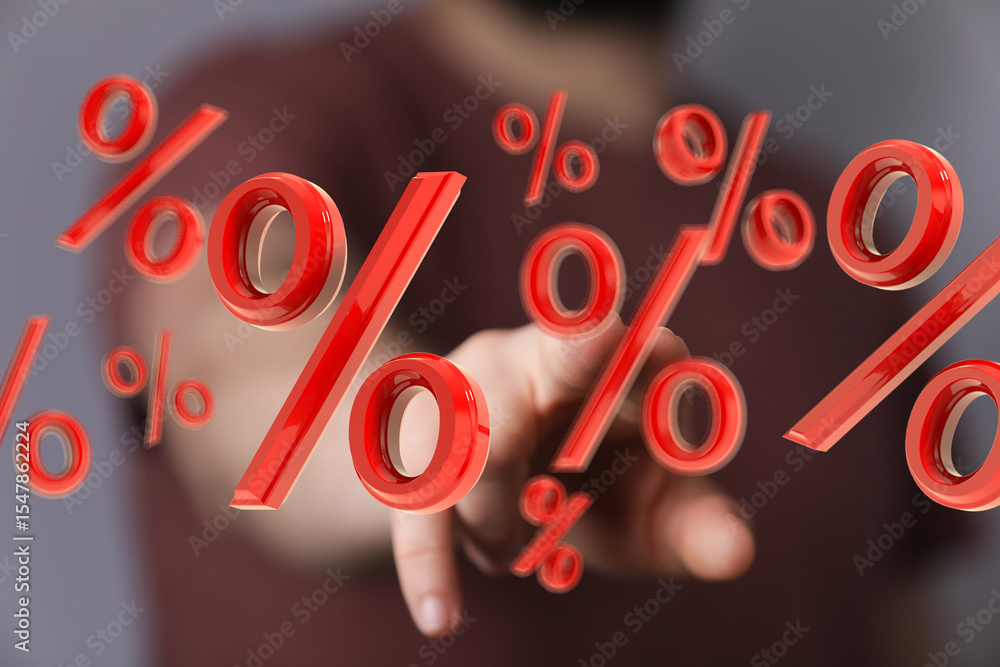 Poster red percentage symbols floating, hand interacting, discount concept.
