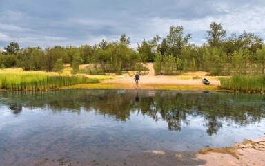 Magnificent landscape of the Volga River against the backdrop of the Zhiguli Mountains on a warm...