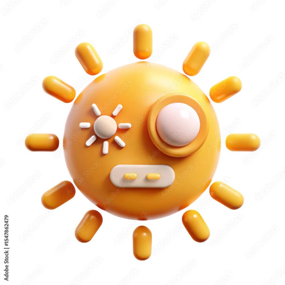Poster 3d rendering plasticstyle icon showing a cartoon sun with funny face solated on transparent backgrou