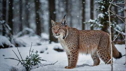Naklejka premium A magnificent lynx surveys its snowy winter woodland environment.