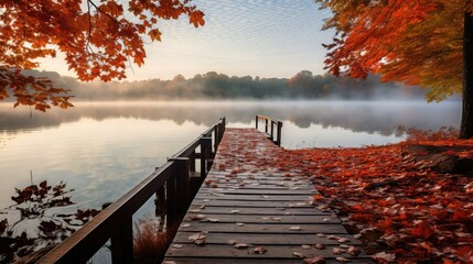 morning fall leaves lake