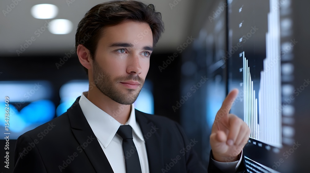 Poster professional man examining digital data on a screen