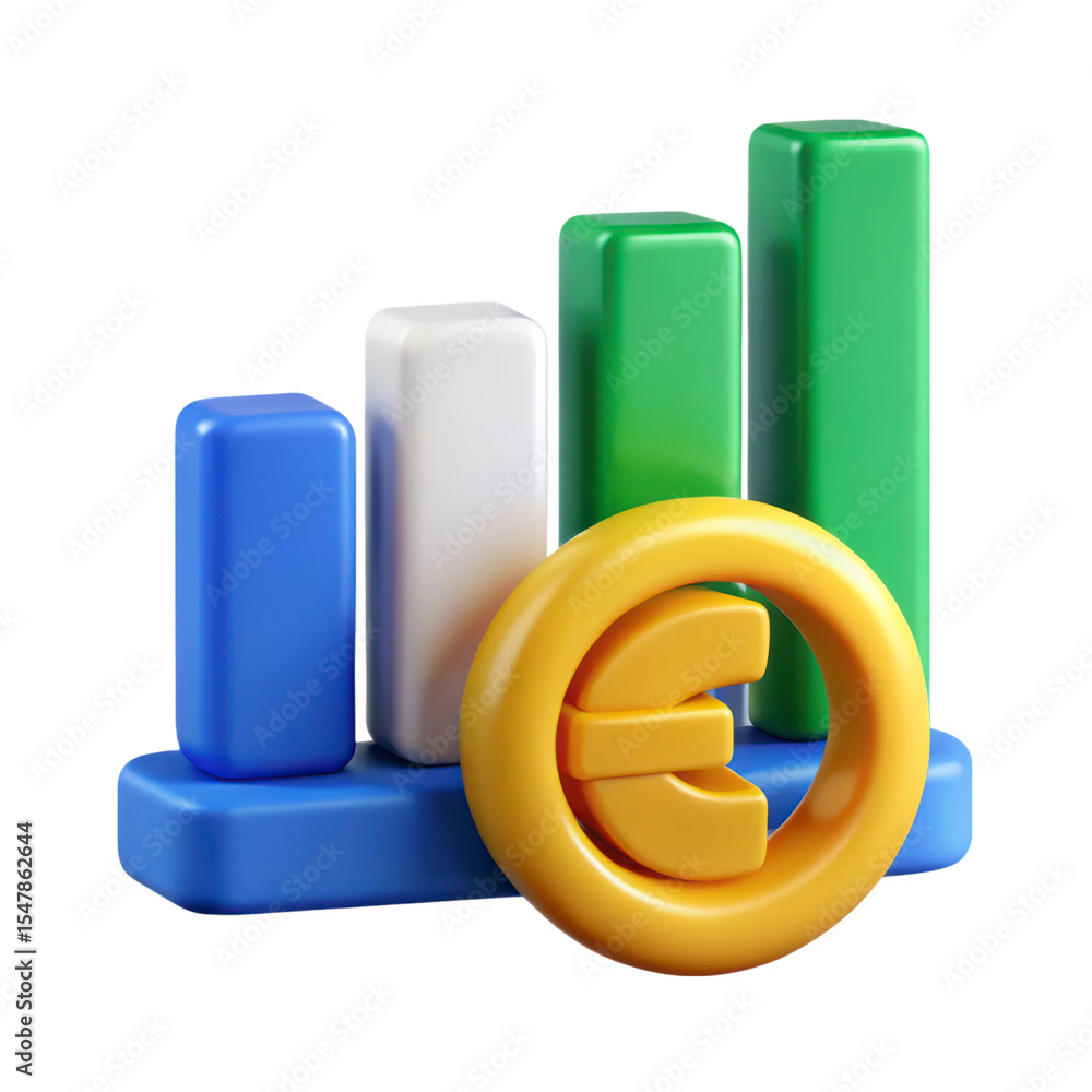 Poster 3d rendering plasticstyle icon showing increasing bars with euro sign isolated on transparent backgr