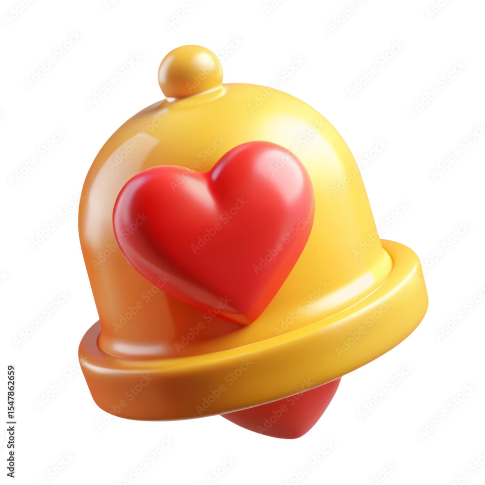 Poster 3d rendering plasticstyle notification bell icon with a red heart on a transparent background perfec