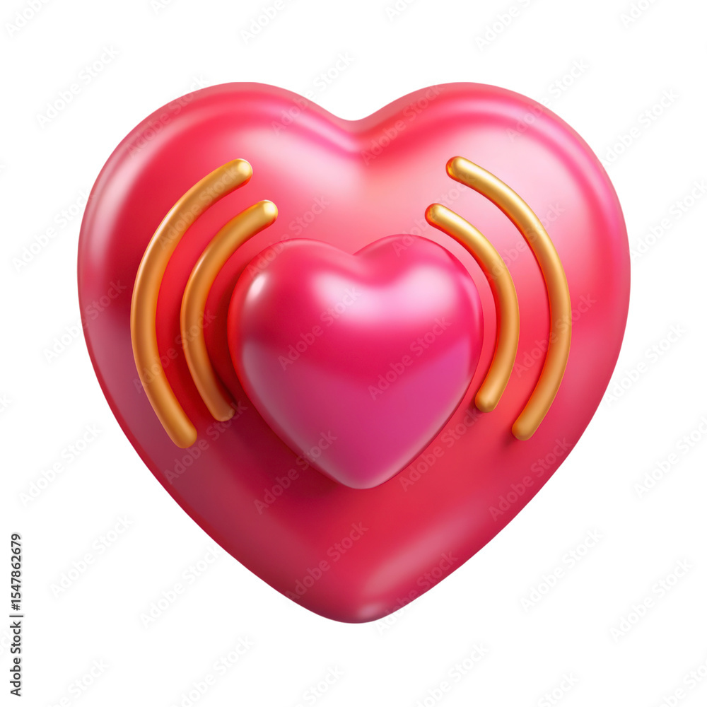 Poster 3d rendering two pink plasticstyle hearts with golden radiating lines isolated on transparent backgr