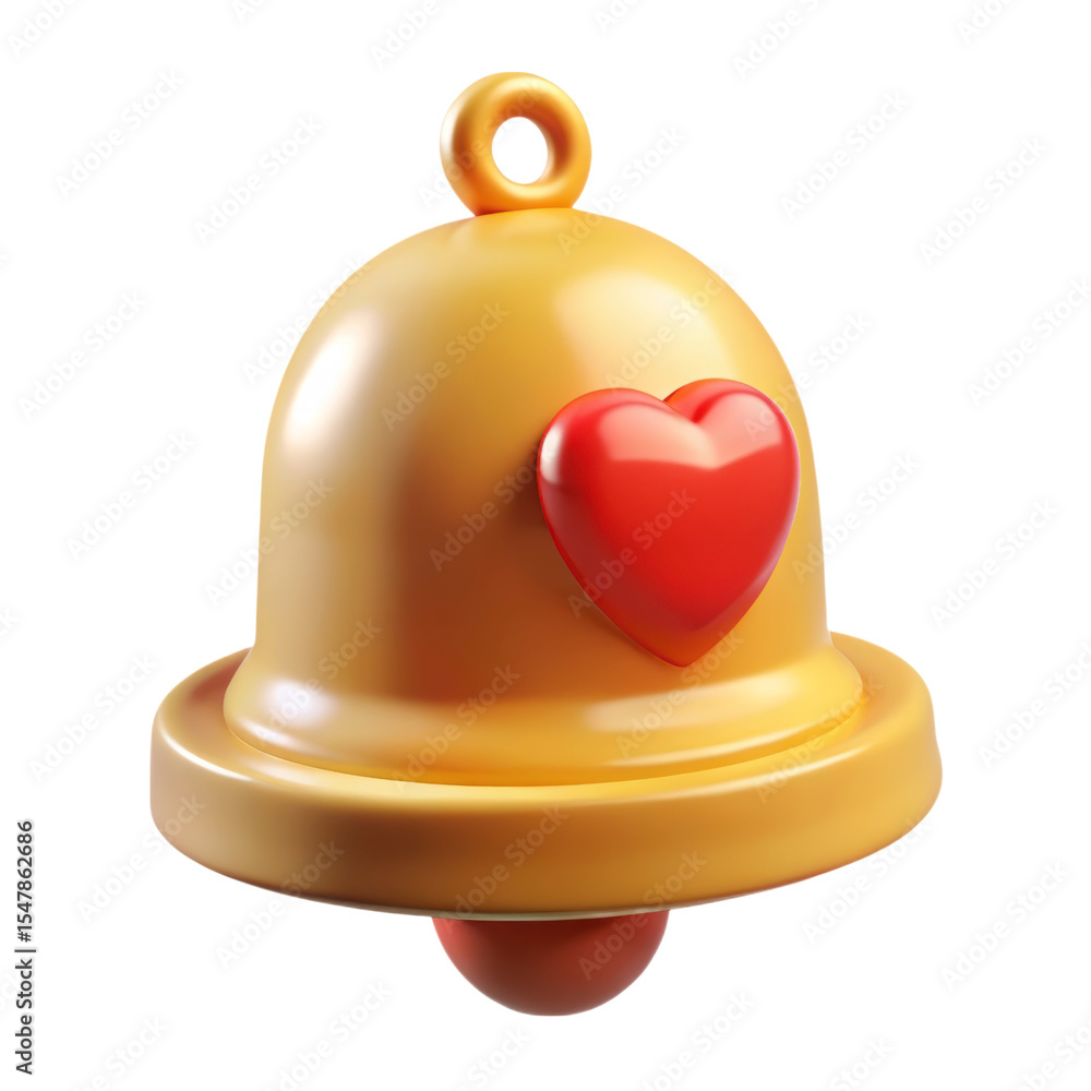 Poster 3d rendering yellow notification bell with red heart plasticstyle icon isolated on transparent backg