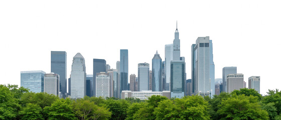 Modern skyline with tall buildings, urban landscape, greenery in foreground, cityscape at night, illuminated structures, architectural design