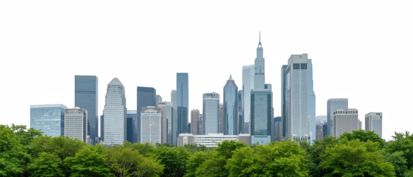 Modern skyline with tall buildings, urban landscape, greenery in foreground, cityscape at night, illuminated structures, architectural design