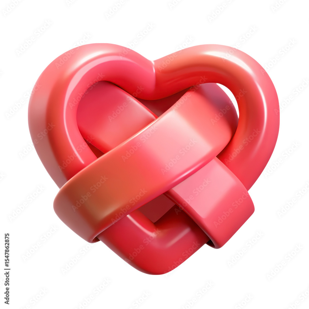 Poster abstract 3d rendering plasticstyle icon depicting a vibrant pink heart intertwined with a ribbon sol