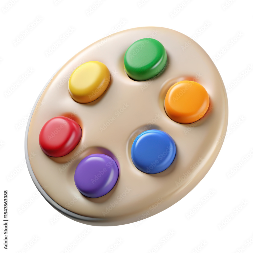 Poster Artistic paint palette render featuring colorful paint dabs 3d rendering plasticstyle icon isolated on transparent background