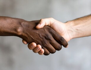 Fototapeta premium Close-up of two diverse hands shaking, representing unity, partnership, and cooperation against a neutral backdrop.