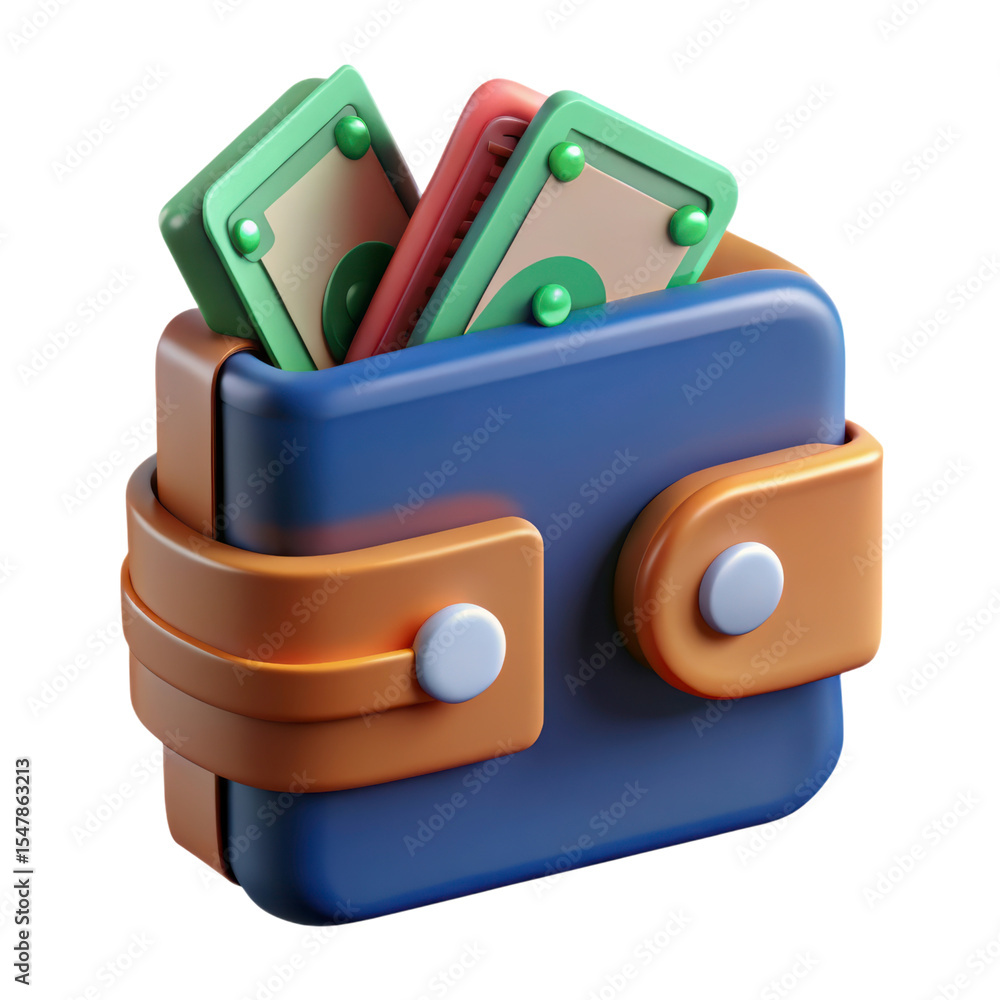 Poster blue wallet filled with green and red banknotes in 3d rendering plasticstyle icon solated on transpa