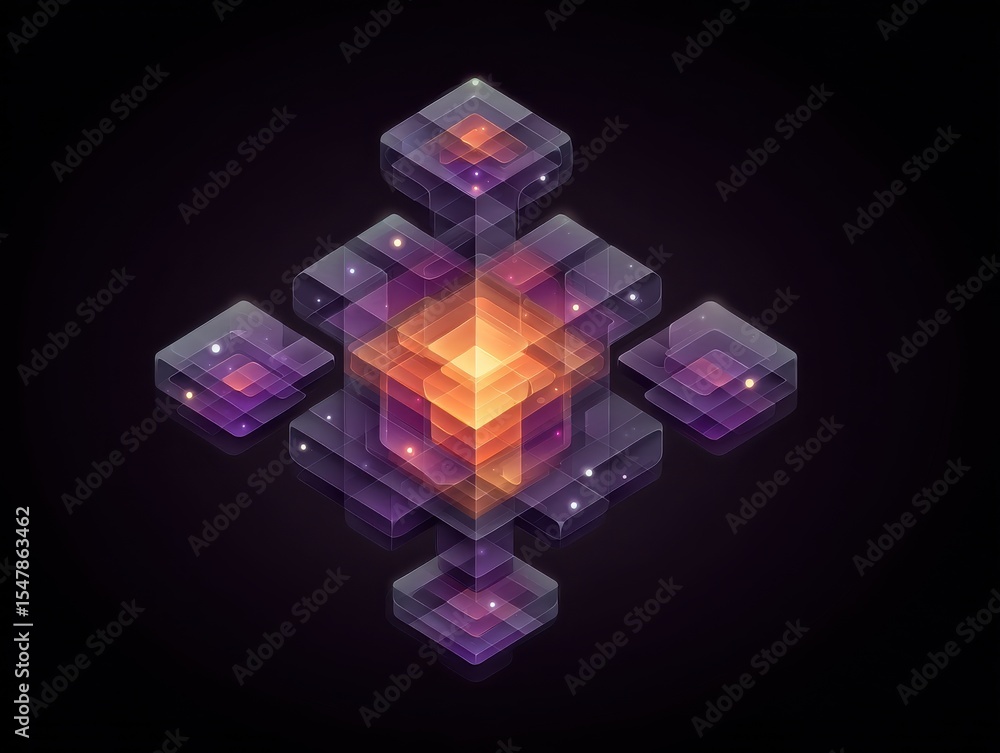 Poster abstract digital composition showcasing vibrant geometric shapes with luminous highlights arranged i