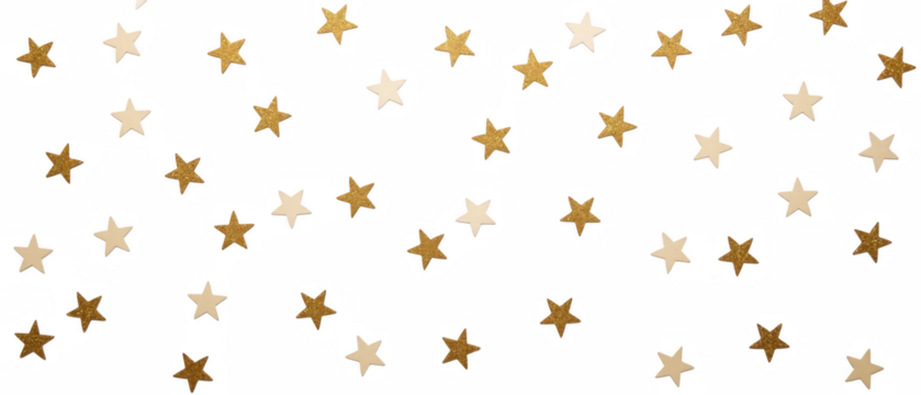 Scattered stars in gold and cream colors create whimsical and enchanting atmosphere, perfect for festive decorations or artistic backgrounds