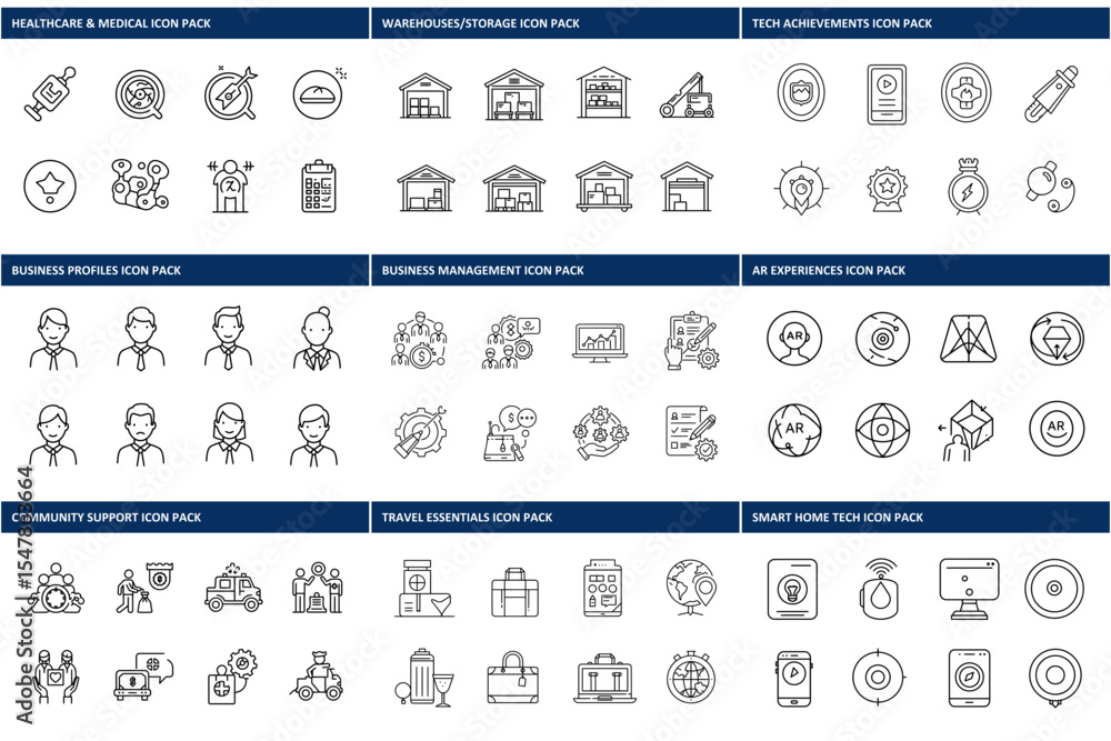 Aufkleber line art icons for various themes in different industries. collection of simple, outlined graphics f