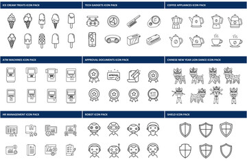 Line art icons of various subjects in different categories.