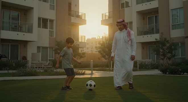 Father and son playing soccer on the lawn in front of buildings at sunset, creating a heartfelt, playful moment in a warm setting