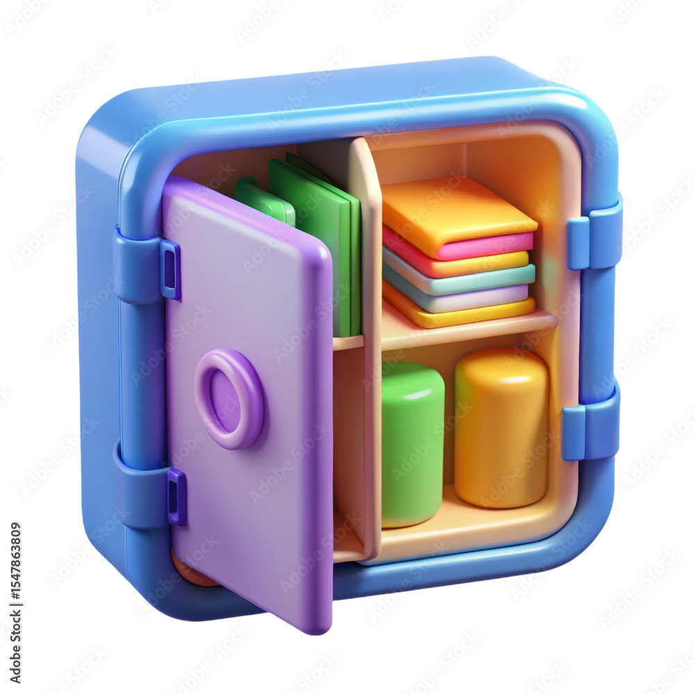 Poster colorful safe box with open door 3d rendering plasticstyle icon solated on transparent background