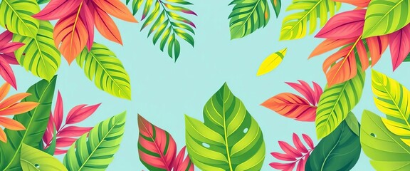 Vibrant tropical leaves pattern on summery background in trendy flat style, monstera, flat