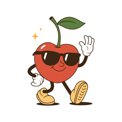 Retro illustration of cherry character with happy smile face, hands and feet.