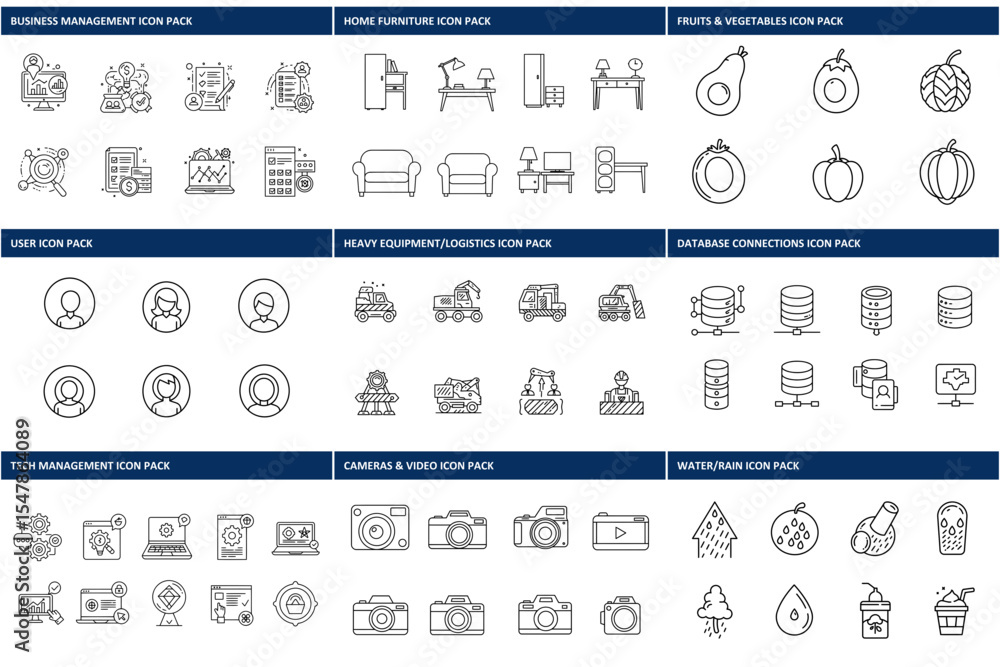 Poster line art icons of various subjects in different categories, categorized by function.