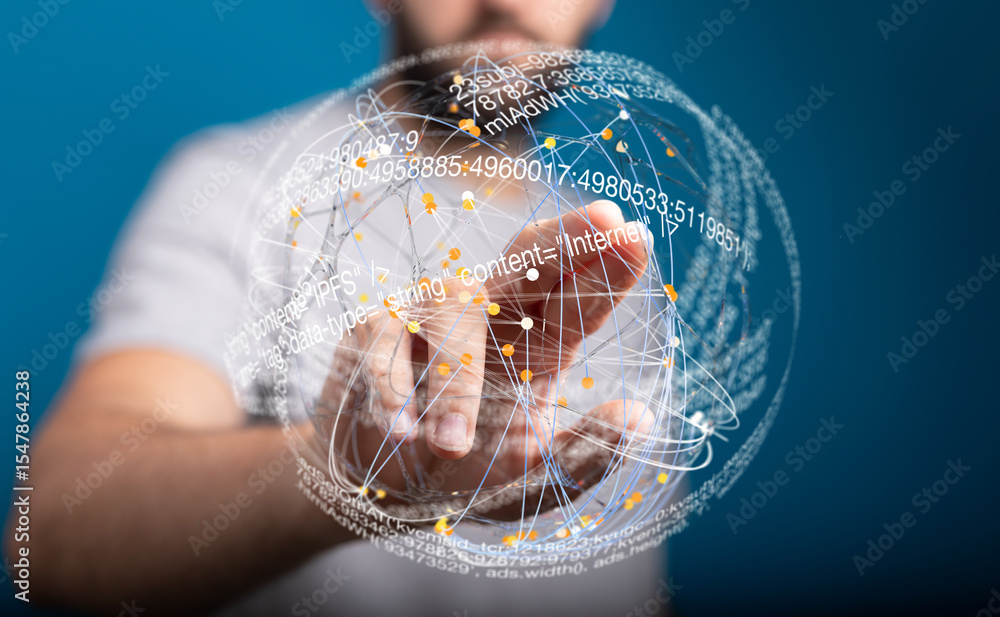 Poster Person touches a digital sphere visualizing global internet connections and data flow.