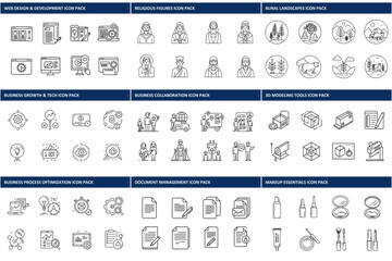 Line art icons depicting various subjects across different categories. Collection of simple, black and white icons, perfect for website design, business applications, or illustrations.
