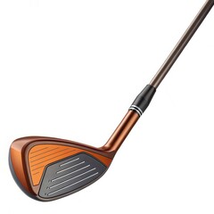 A close-up image of a modern golf driver club with a copper-colored head and graphite shaft on a white background.