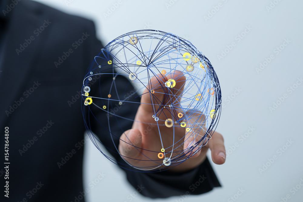 Poster Image of a hand interacting with a digital global network. Perfect for technology, business, and connection concepts.
