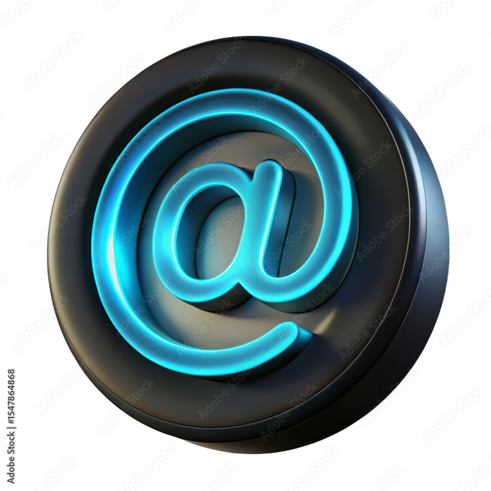 Poster glossy and cyan at sign 3d rendering plasticstyle icon isolated on transparent background for digita