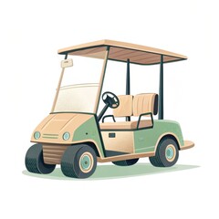 A vintage-style, two-seater golf cart with a beige canopy and green body, shown in a clean, minimalist illustration.