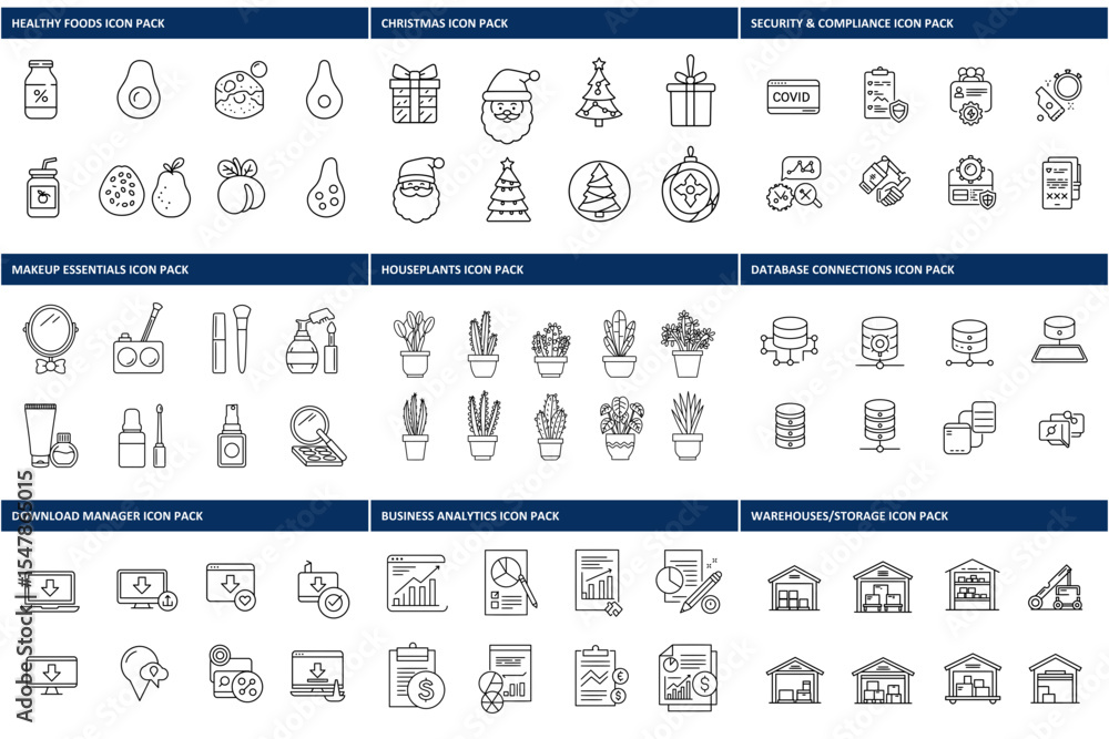 Poster set of various outline icons categorized for different professional uses.