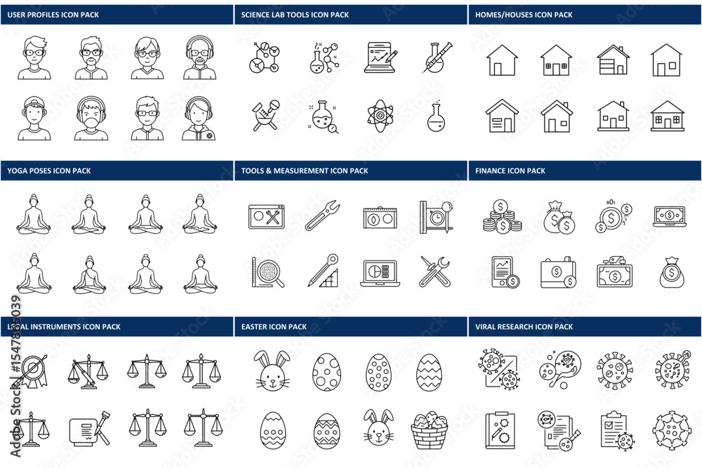 Poster line art icons of various themes in different categories