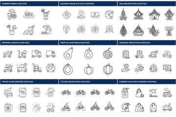 Line art icons of various subjects in different categories