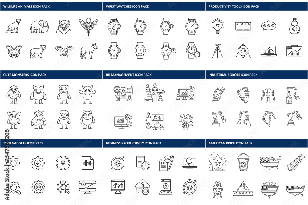 Poster collection of diverse line art icons, depicting various themes and objects. collection of outline im