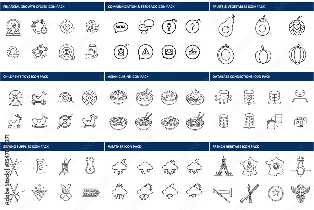 Poster collection of outline icons for various categories in a graphic design style.