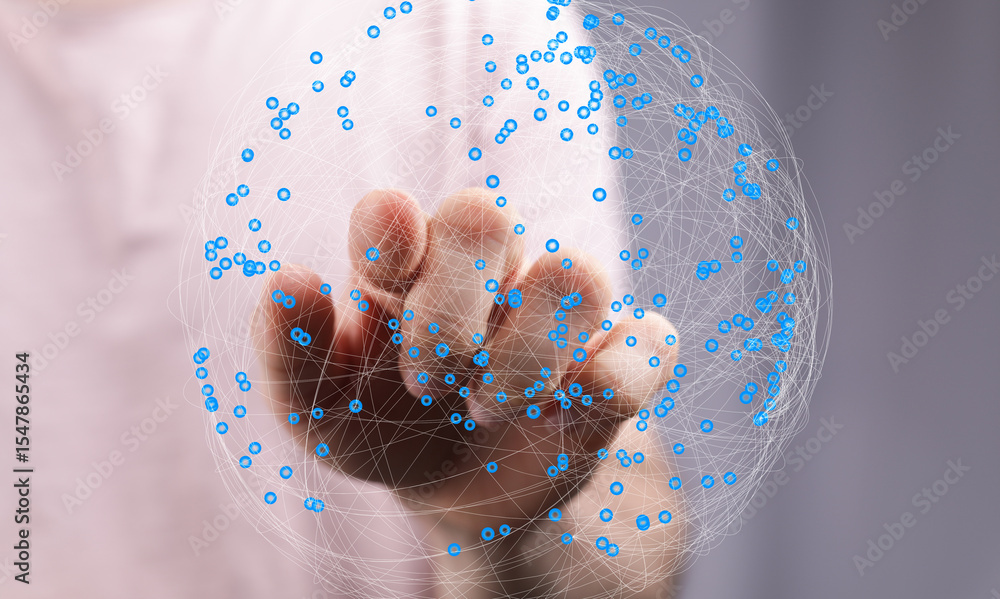 Aufkleber Abstract image of a hand interacting with a digital global network.  Perfect for technology, connection, and global concepts.