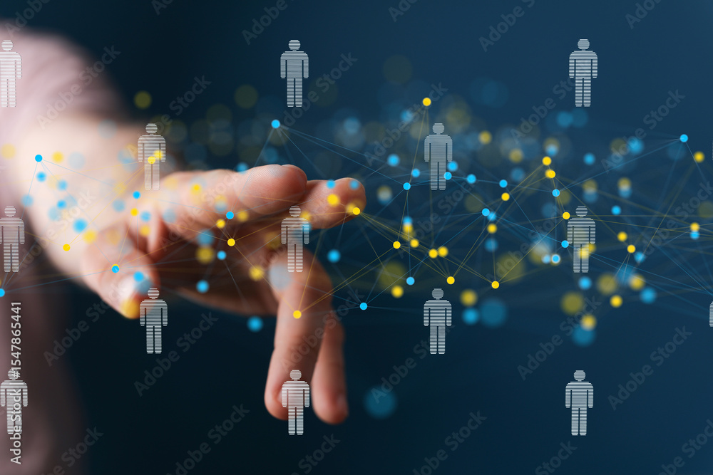 Poster hand interacting with digital network, showing global connections and communication.