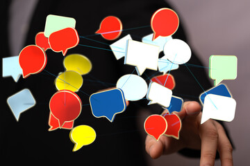Abstract image of interconnected speech bubbles, symbolizing global communication and networking.