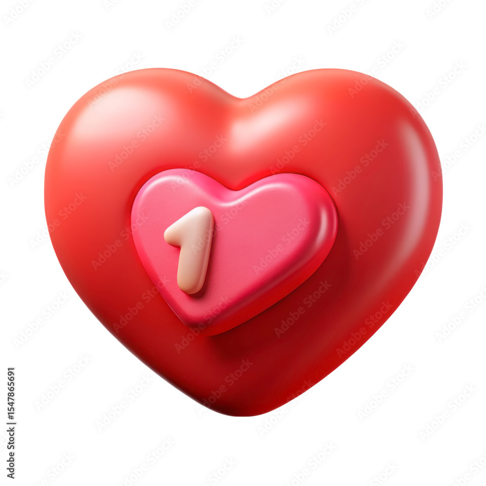 Poster red heart with pink inner heart featuring the number one 3d rendering plasticstyle icon solated on t