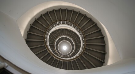 Fototapeta premium Minimalist and modern spiral staircase photo from above with an unusual but beautiful camera angle, natural lighting