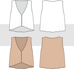 Women's V-Neck buttoned blouse, vest top technical fashion illustration, vector. Front and back view. Women CAD mockup set.