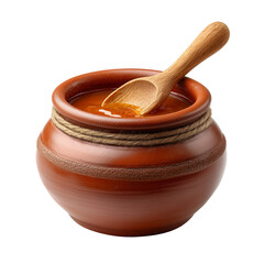 Earthenware pot filled with a liquid and a wooden spoon resting inside isolated on transparent background